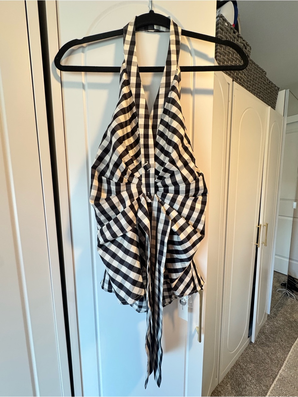 Commense Black & White Gingham Halter Tie-Front Top with Wide-Leg Pants Set - Picture 7 of 12